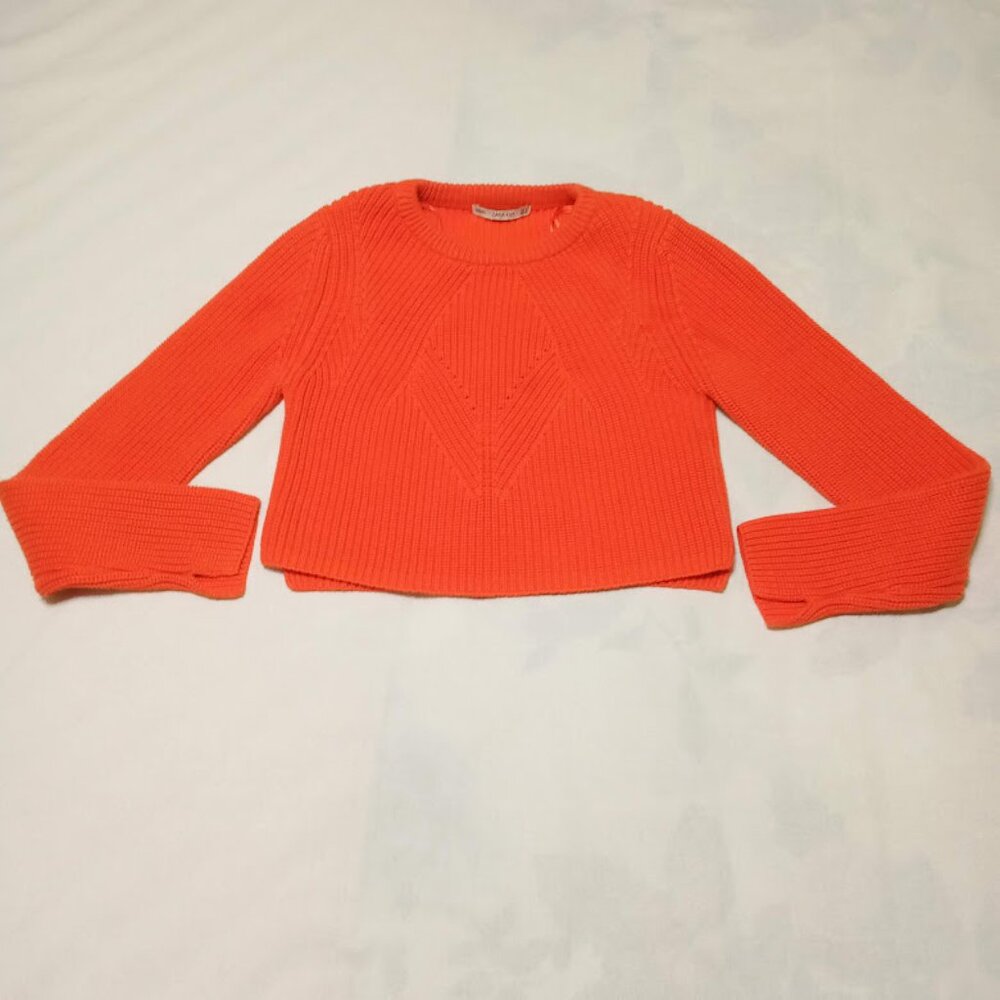 Zara Womens Cropped Knit Pullover Sweater Orange Sz M Long Sleeve